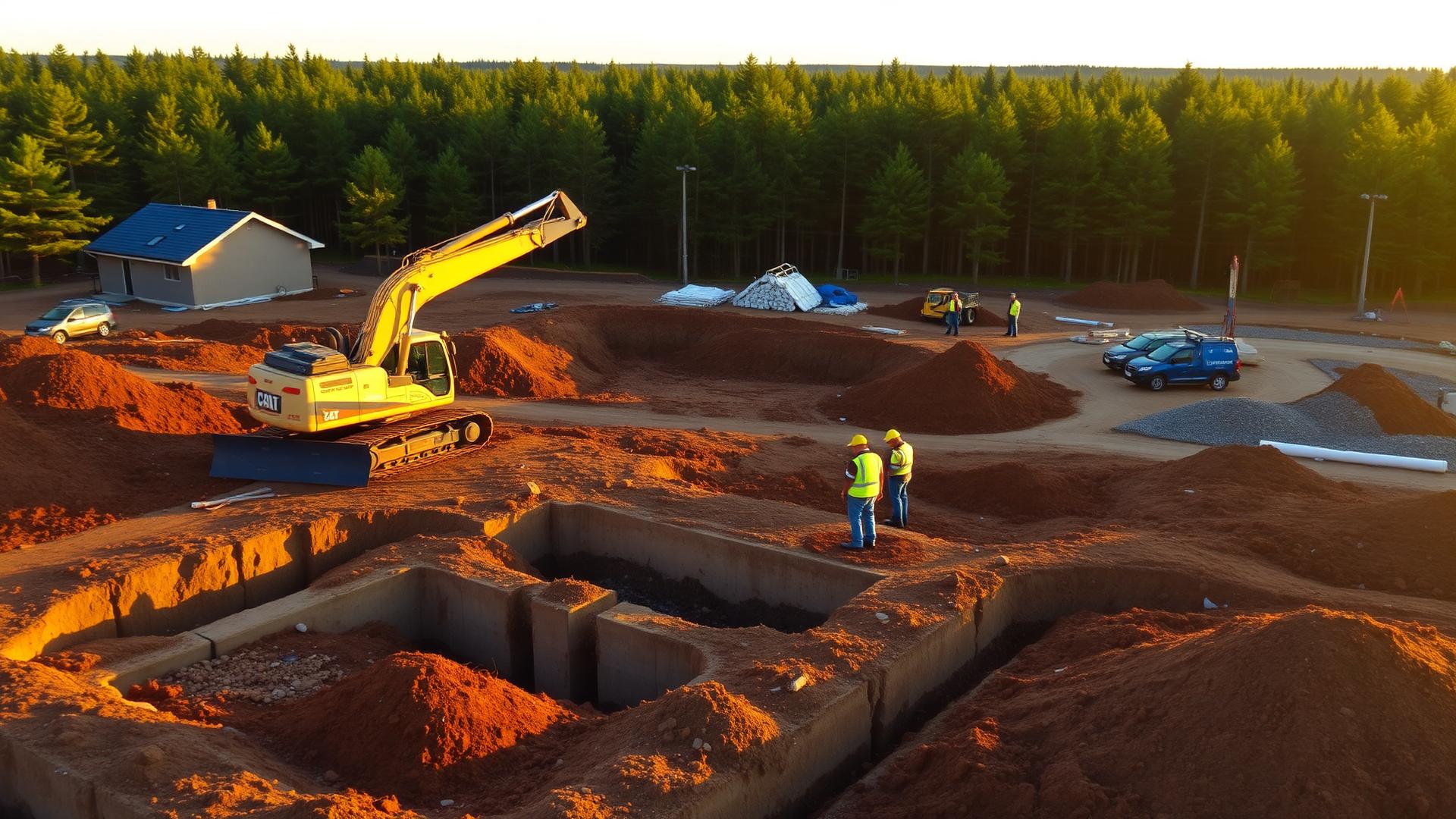 Byggarbetsplats med schaktning och grundläggning